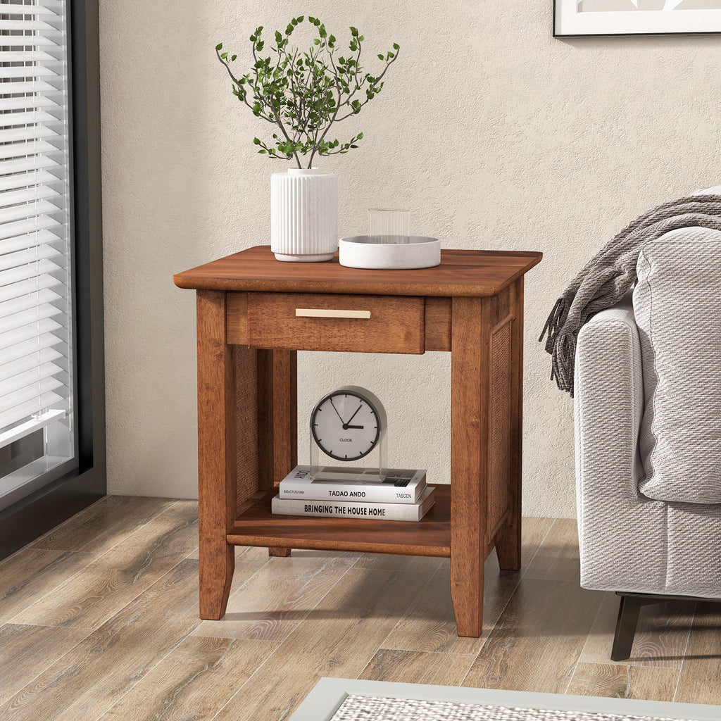Rattan Nightstand End Table with Drawer and Storage Shelf-Walnut