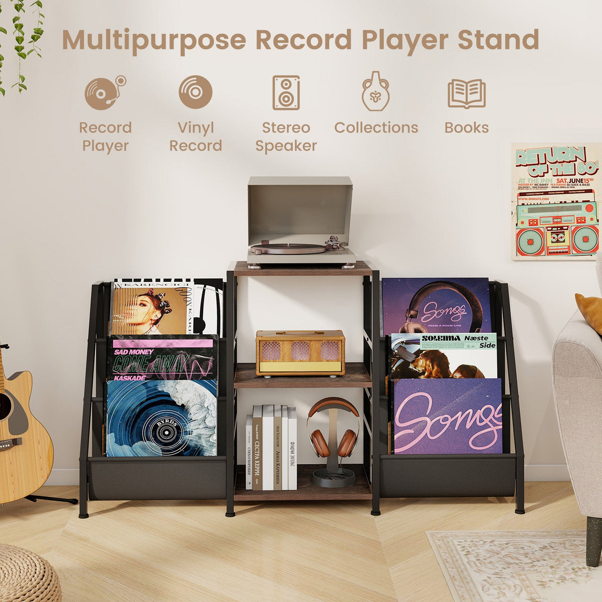 Record Player Stand for up to 200 Albums Turntable Display Stand with 3 Shelves
