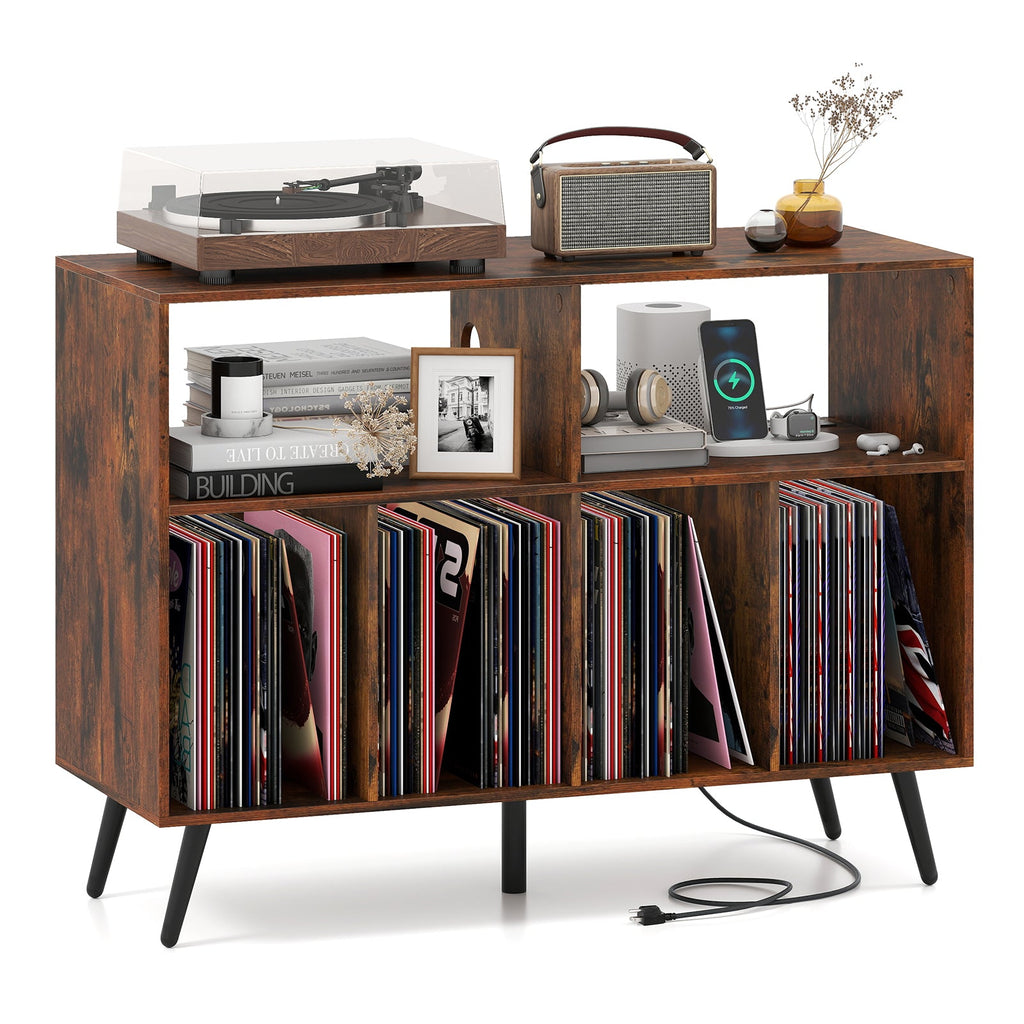 Record Player Stand with Charging Station and Open Shelves-Rustic Brown