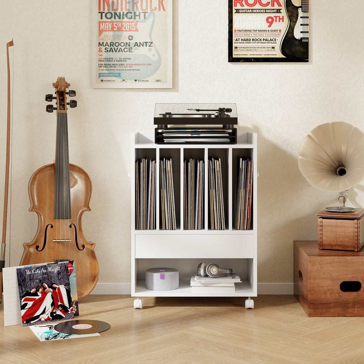 Record Rolling Turntable Player Stand with Drawer
