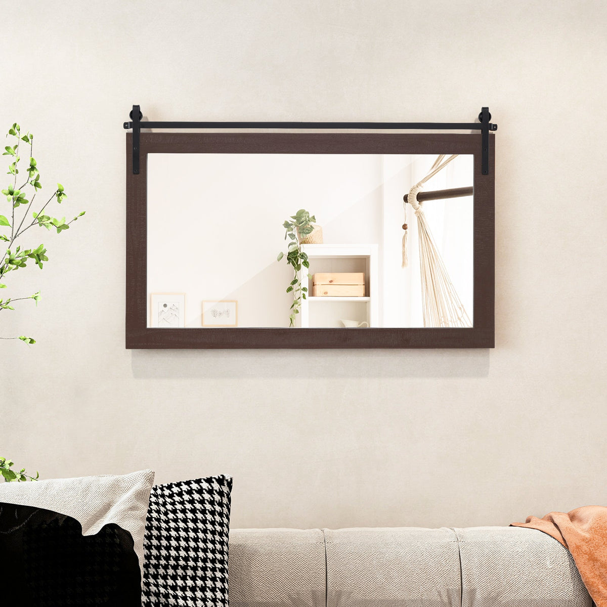 Rectangle Barn Door Style Wall Mounted Mirror with Solid Wood Frame