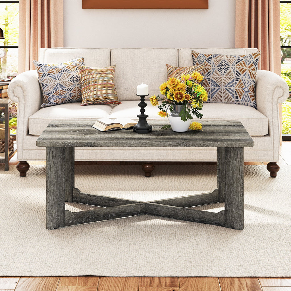 Rectangle Coffee Table Rubber Wood Base with X-Shaped Base-Gray