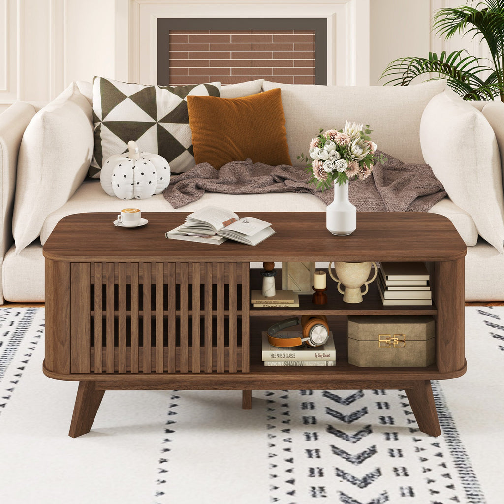 Rectangular Coffee Table with Storage and Adjustable Shelves-Walnut