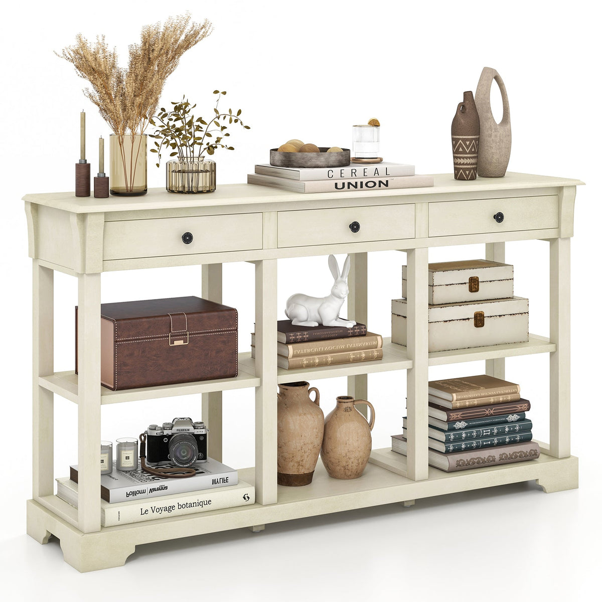 58 Inch Retro Console Table with 3 Drawers and Open Shelves Rectangular Entryway Table