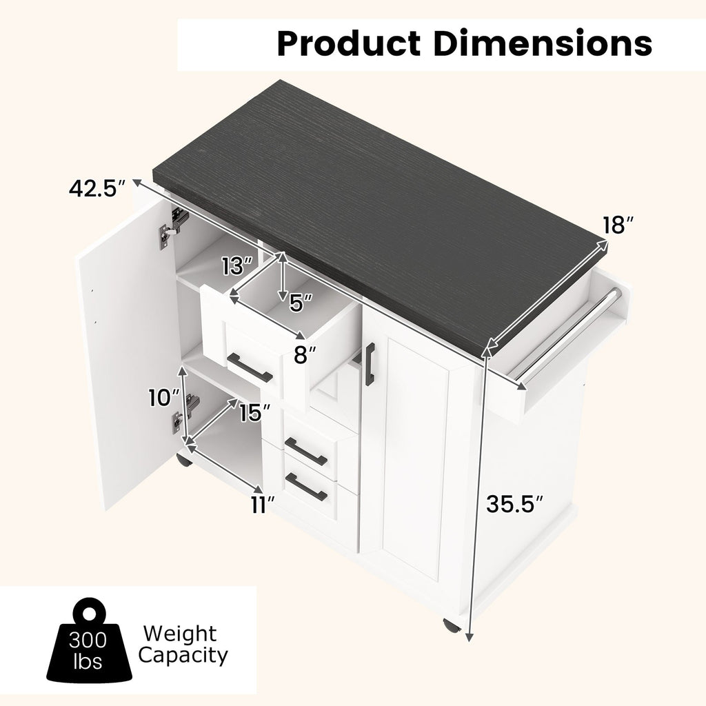 Rolling Kitchen Island Cart on Wheels with Storage Cabinets-White