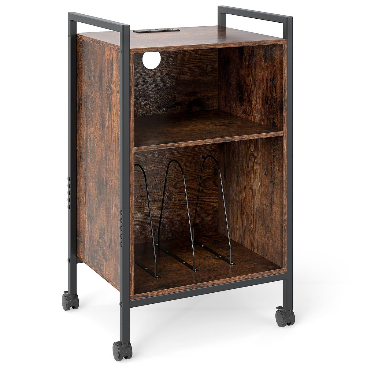 Mobile Record Player Stand with Power Outlet-Rustic Brown