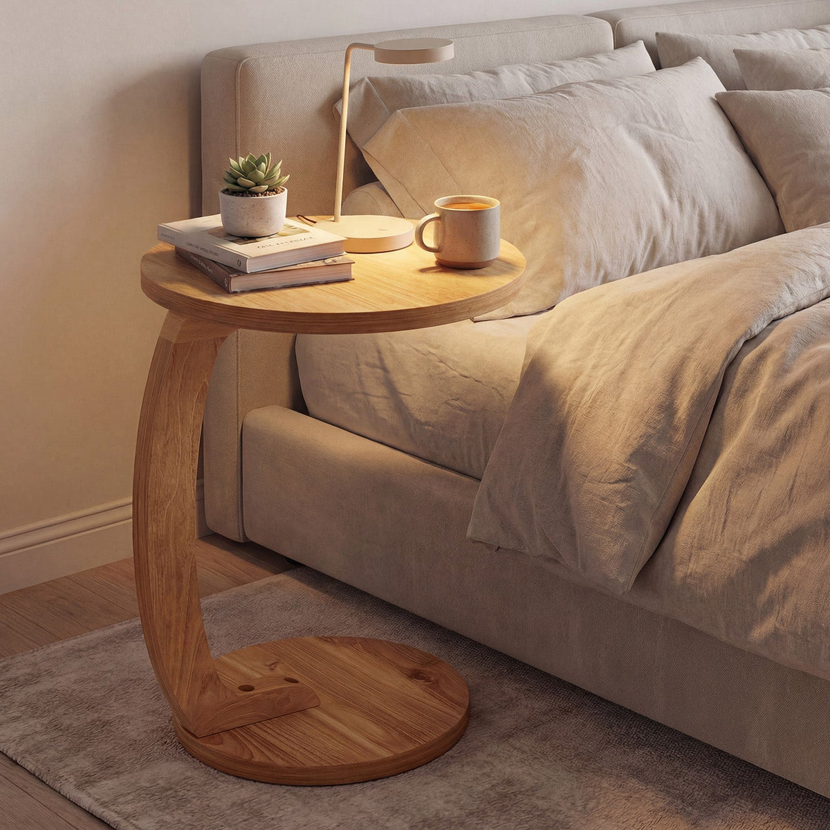 24 Inch Round C-shaped Side Table with Thickened Top and Sturdy Base