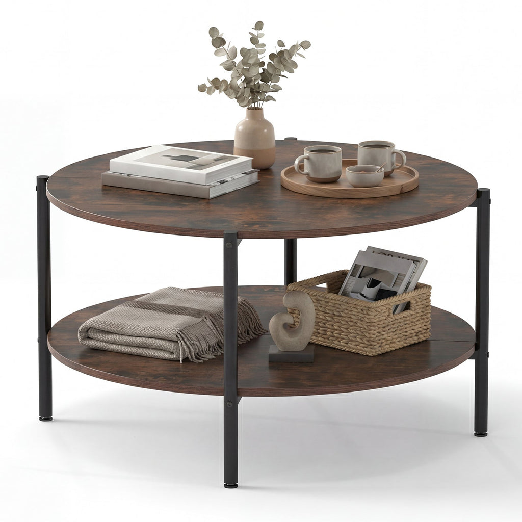 Round Coffee Table 2-Tier Industrial Accent Table with Open Storage Shelf-Rustic Brown