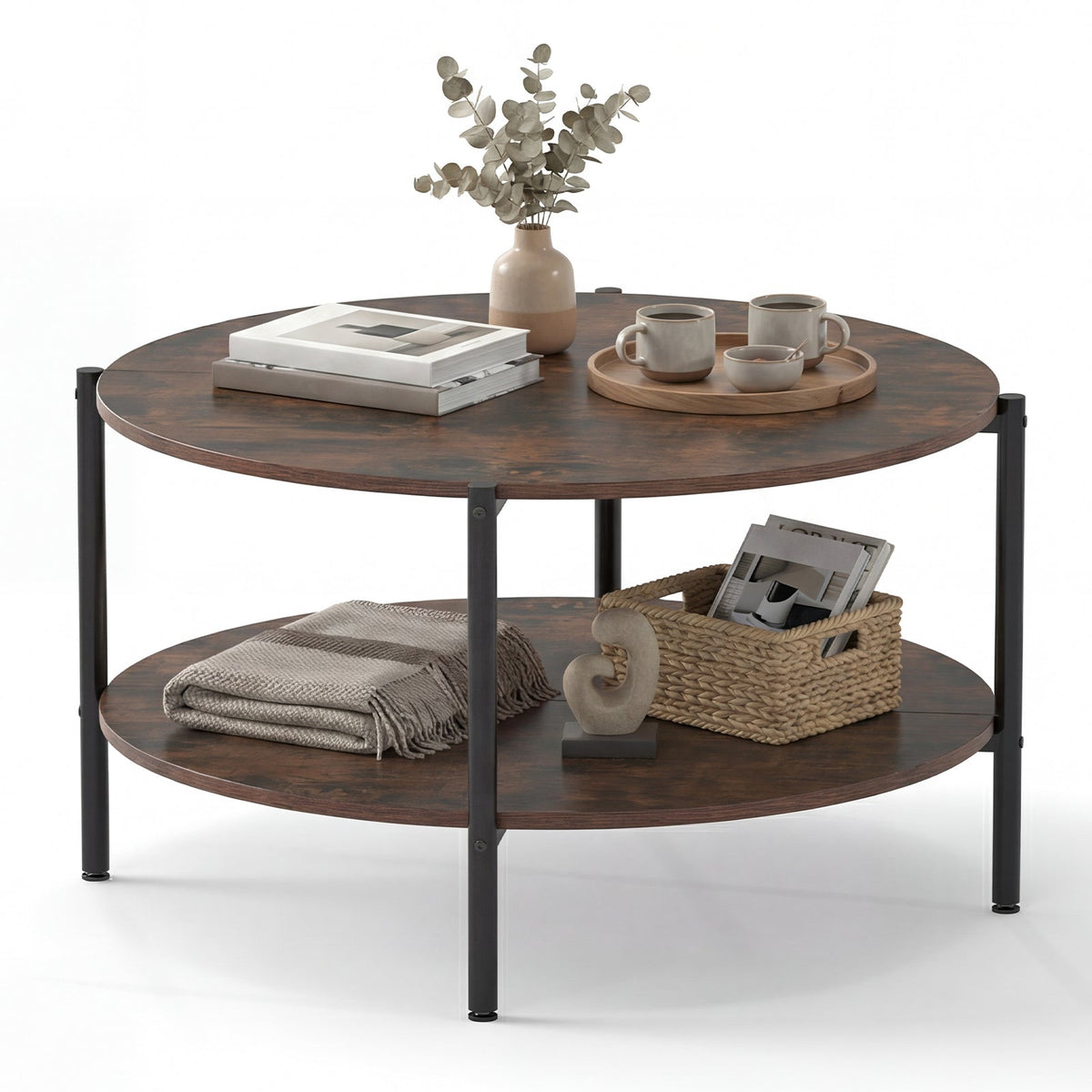 Round Coffee Table 2-Tier Industrial Accent Table with Open Storage Shelf-Rustic Brown