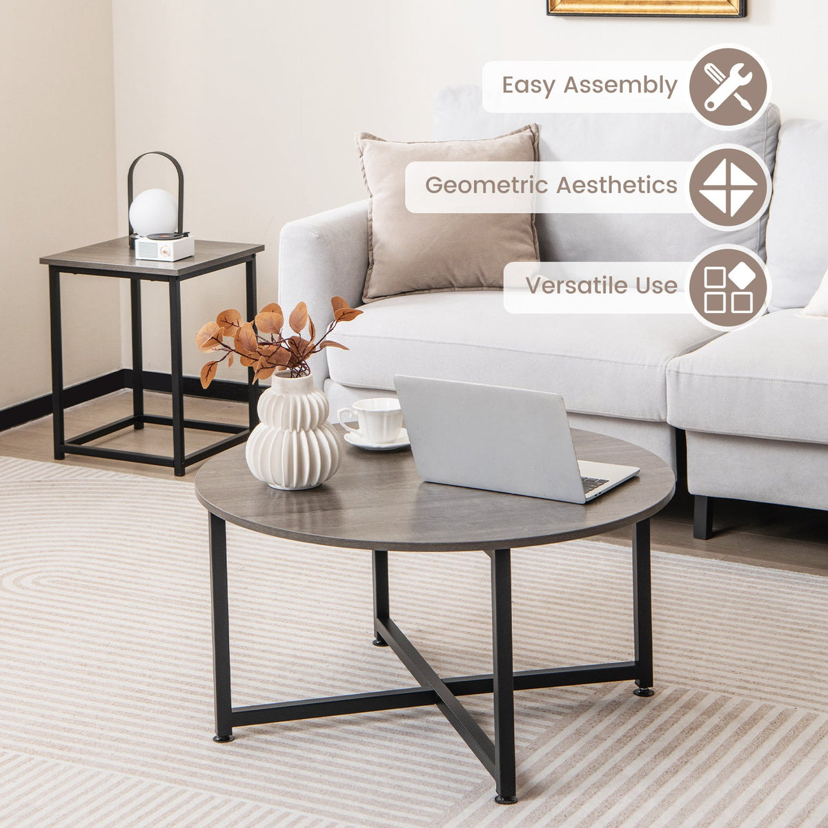 3-Piece Coffee Table Set Round Coffee Table and 2PCS Square End Tables