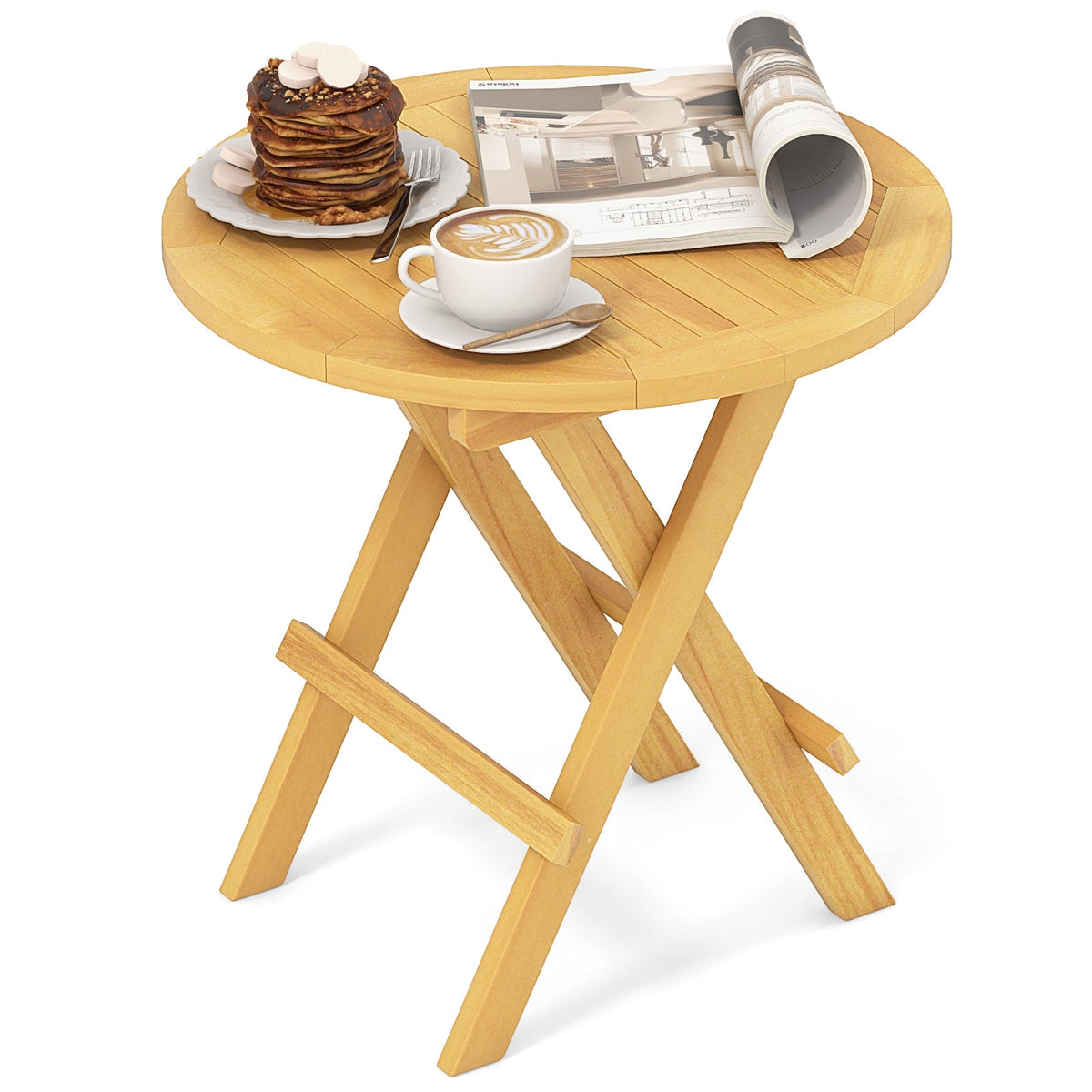 Portable and Compact Outdoor End Table with X-shaped Legs and Slatted Tabletop