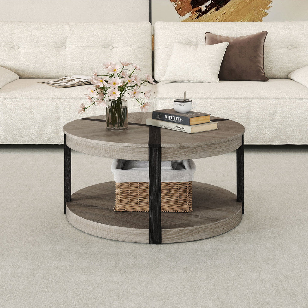 34.5" Rubber Wood 2-Tier Round Center Table with Spacious Tabletop and Storage Shelf-Gray