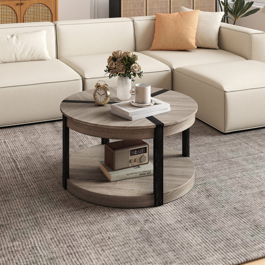 34.5" Rubber Wood 2-Tier Round Center Table with Spacious Tabletop and Storage Shelf-Gray