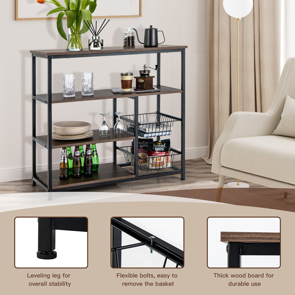 4-Tier Industrial Kitchen Baker's Rack with 2 Wire Baskets-Rustic Brown