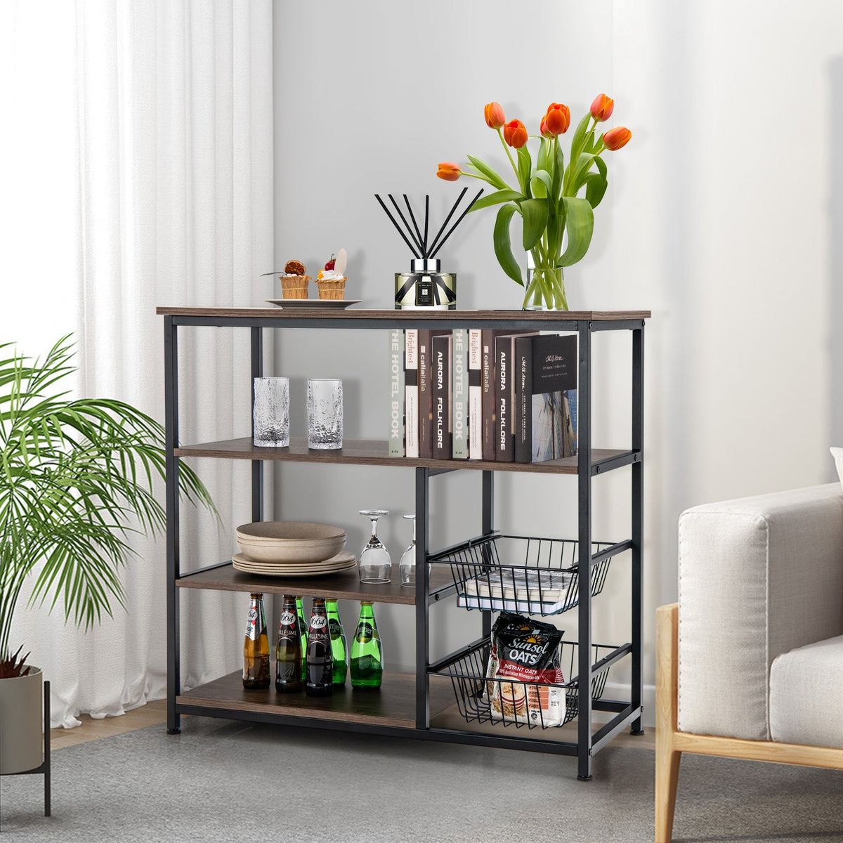 4-Tier Industrial Kitchen Baker's Rack with 2 Wire Baskets-Rustic Brown