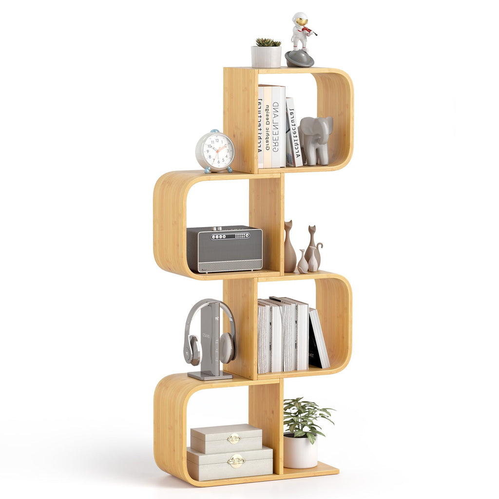 4-Tier S-Shaped Bamboo Bookcase with 4 Open Cubes for Living Room-Natural