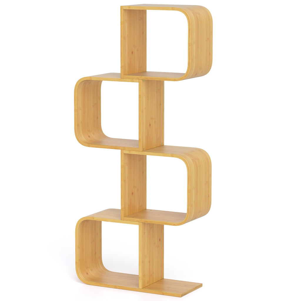 4-Tier S-Shaped Bamboo Bookcase with 4 Open Cubes for Living Room-Natural