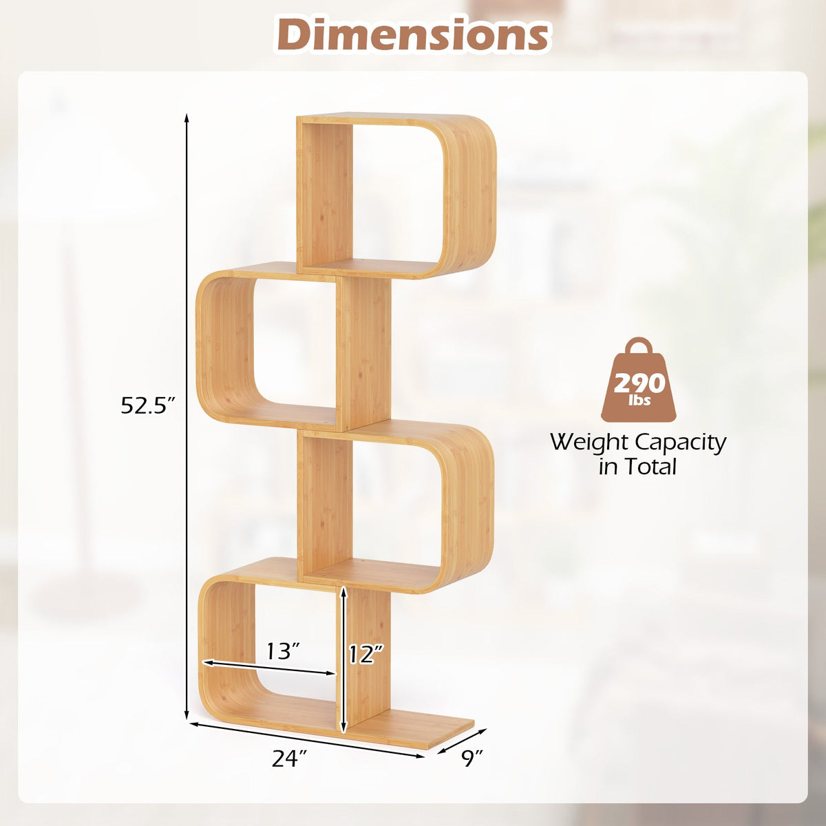 4-Tier S-Shaped Bamboo Bookcase with 4 Open Cubes for Living Room-Natural
