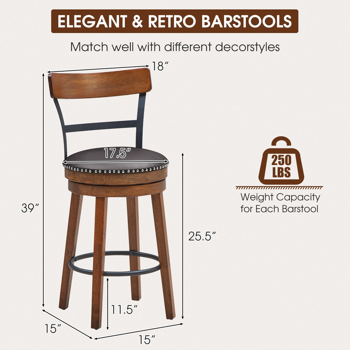 Swivel Counter Height Bar Stool Set of 2 - 25.5 Inch