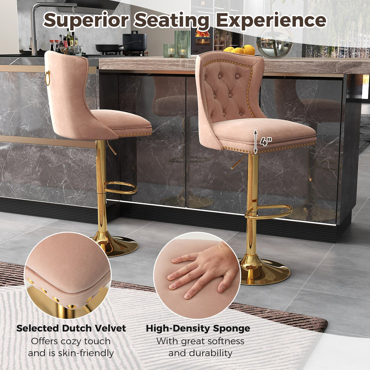 Set of 2 Bar Chairs with Footrest Electroplated Metal Base and Anti-Slip Ring