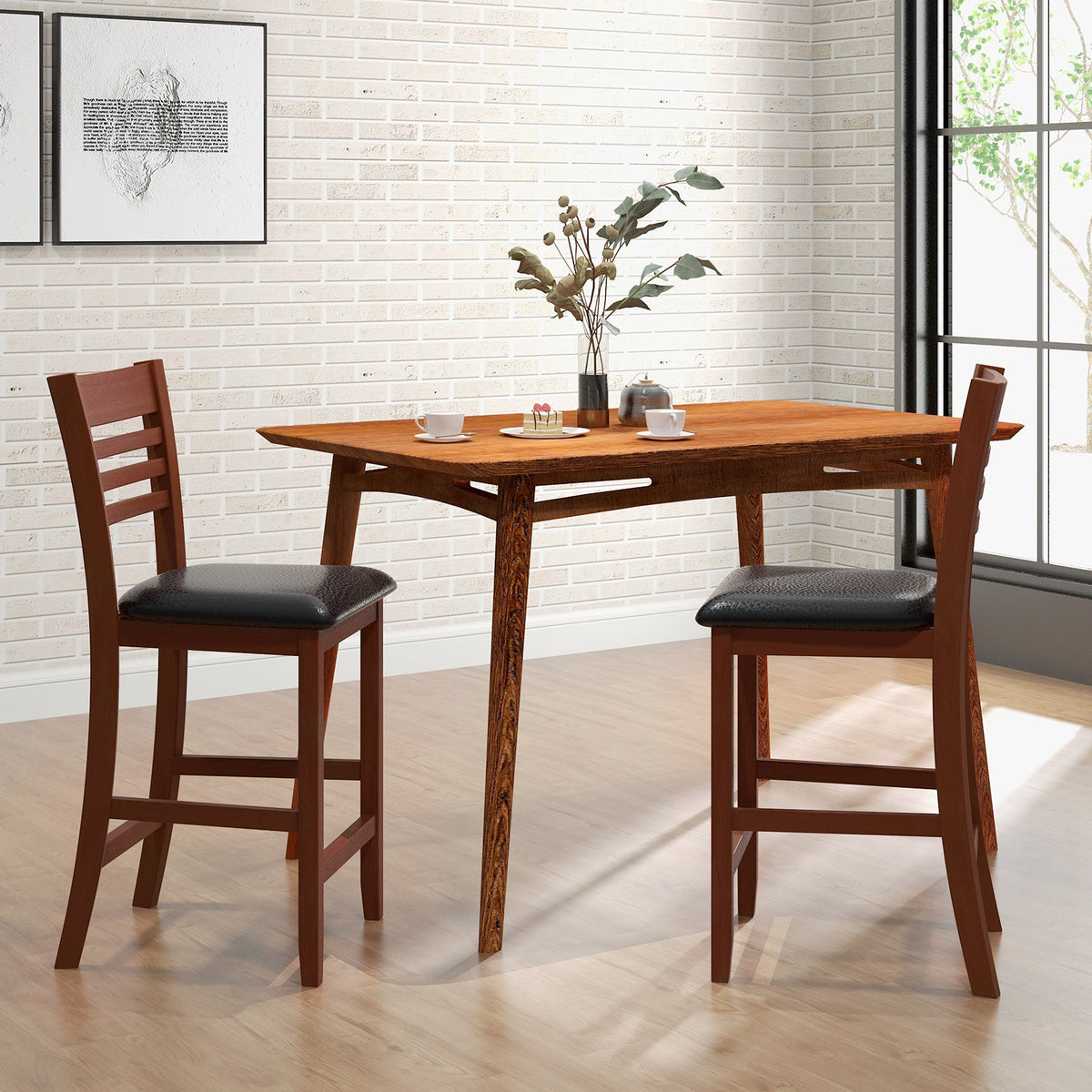 Set of 2 Counter Height Bar Chair Kitchen Island Stool with Backrest and Footrest-Walnut
