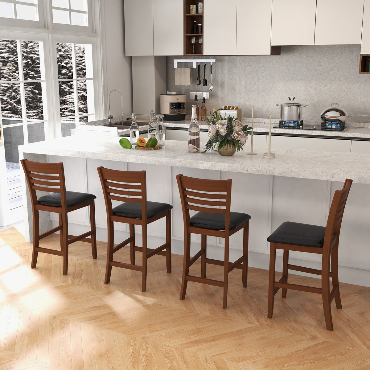 Set of 2 Counter Height Bar Chair Kitchen Island Stool with Backrest and Footrest-Walnut