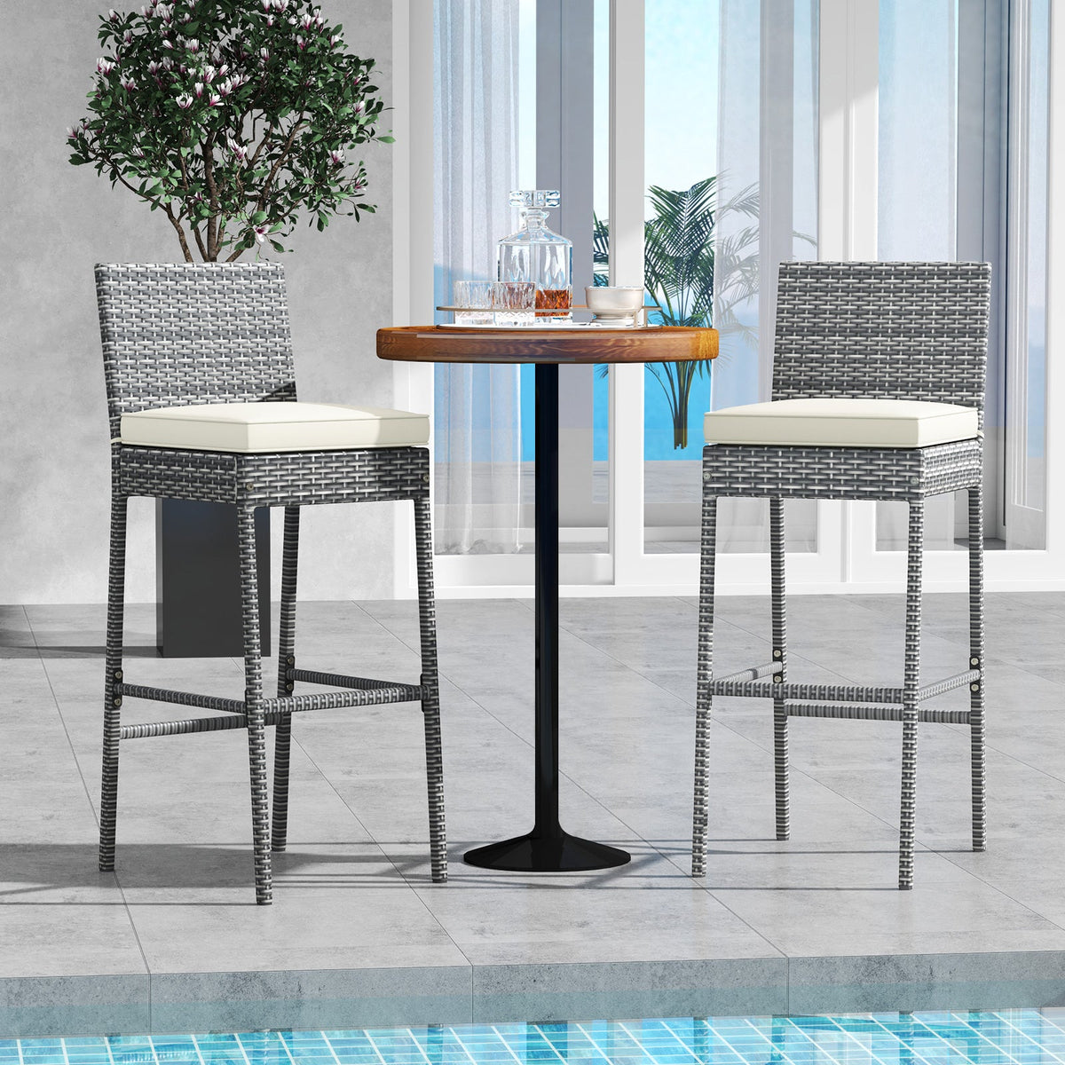 Set of 2/4 Patio Wicker Barstools with Soft Seat Cushion and Cozy Footrest