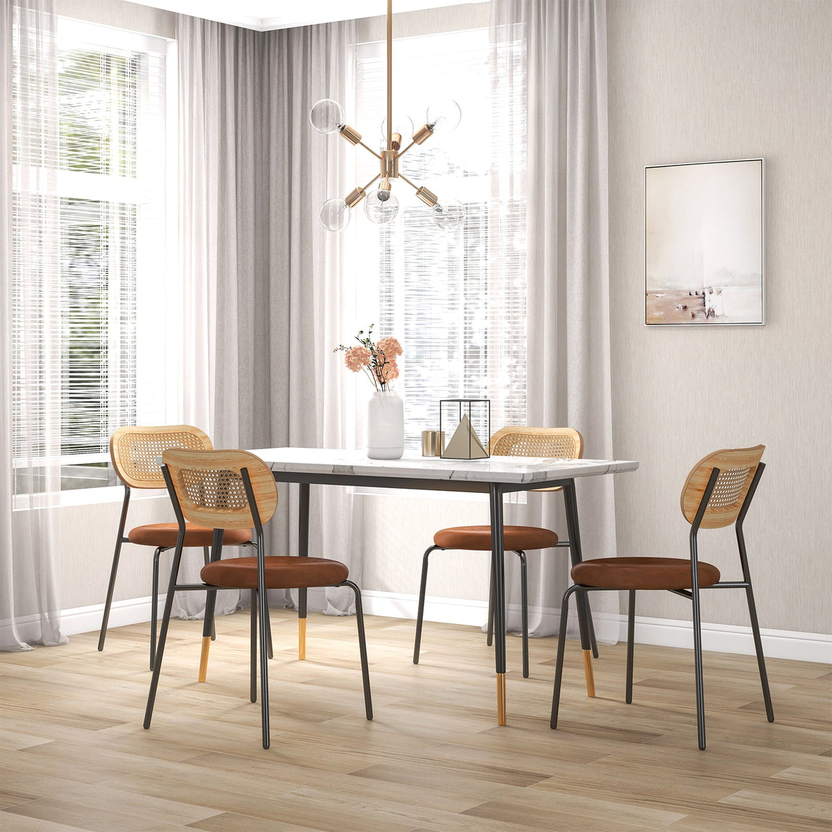 Set of 2 Rattan Dining Chair with Metal Legs