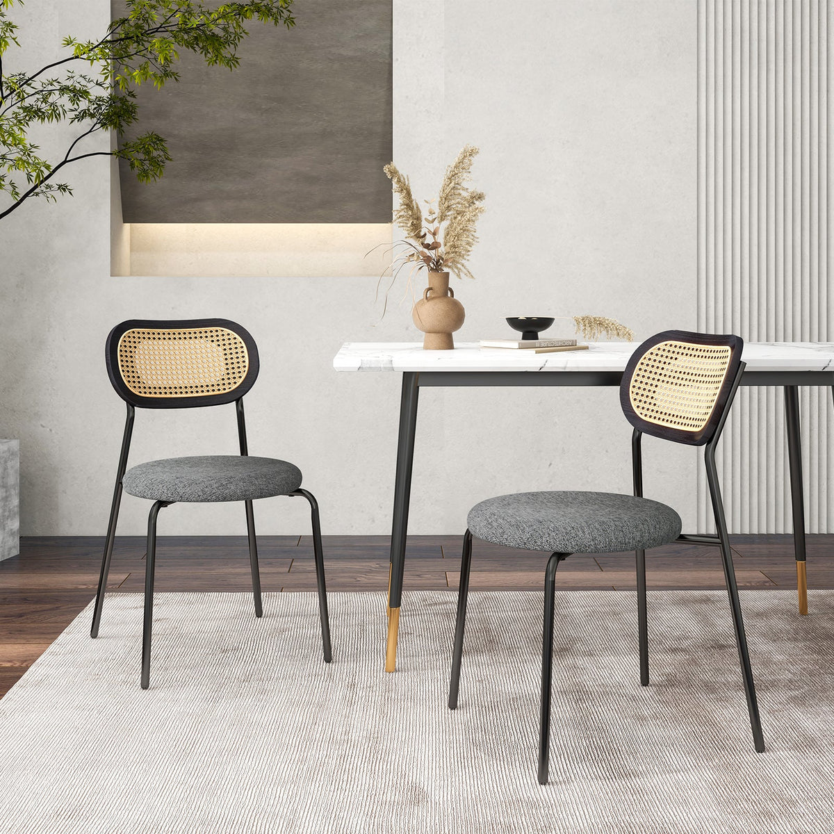 Set of 2 Rattan Dining Chair with Metal Legs