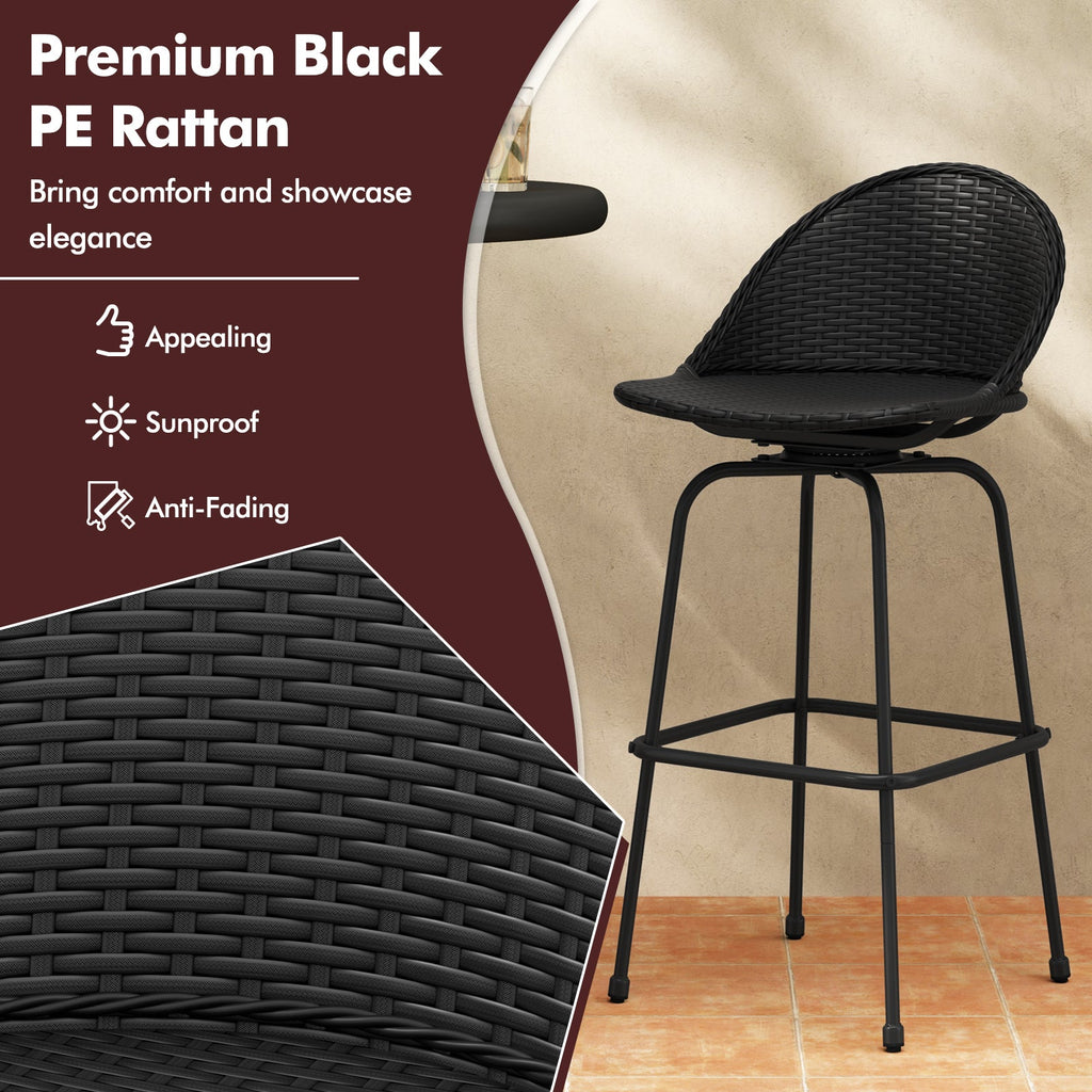 Set of 2 Rattan Swivel Barstools with Curved Back-Black