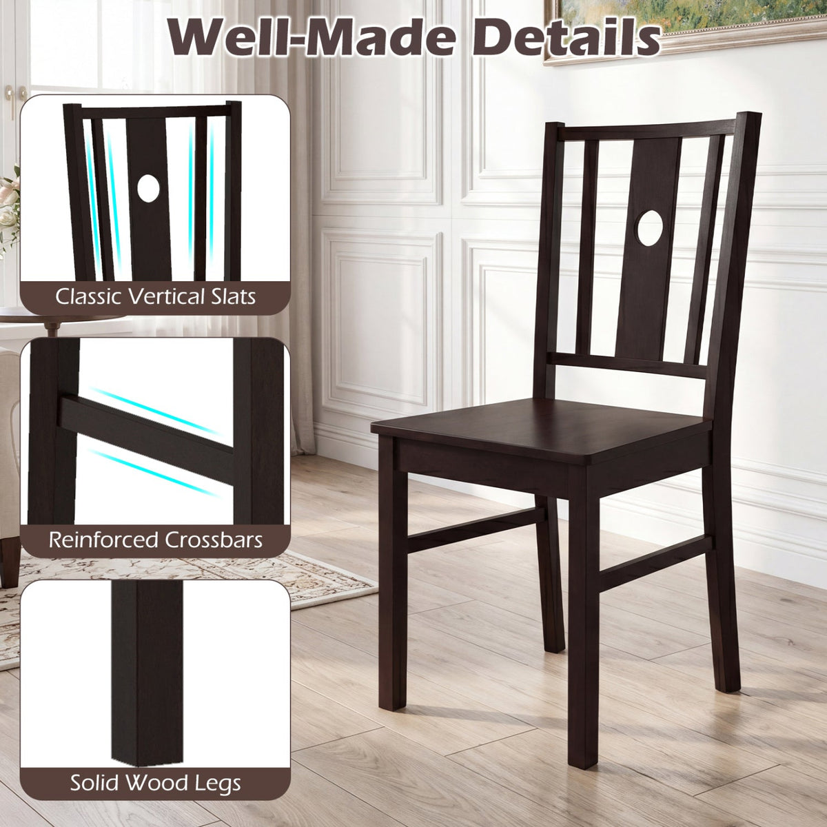 Solid Rubber Wood Dining Chairs Set of 2 with Slatted Back