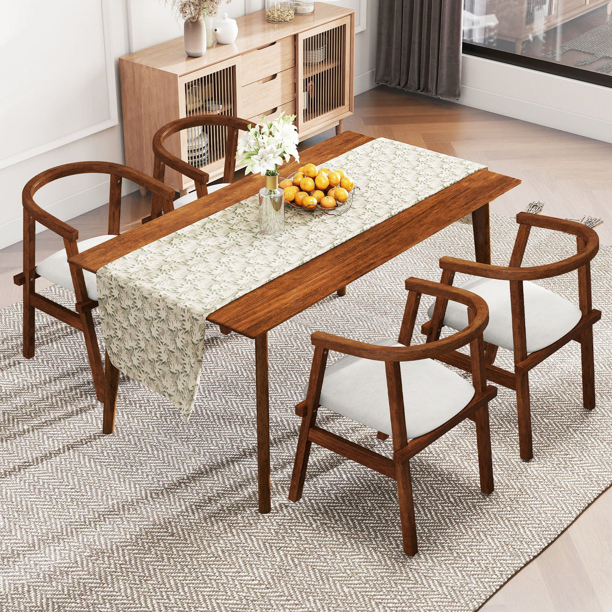 Set of 2 Solid Rubber Wood Dining Room Chairs with Wrap-around Armrest-Walnut