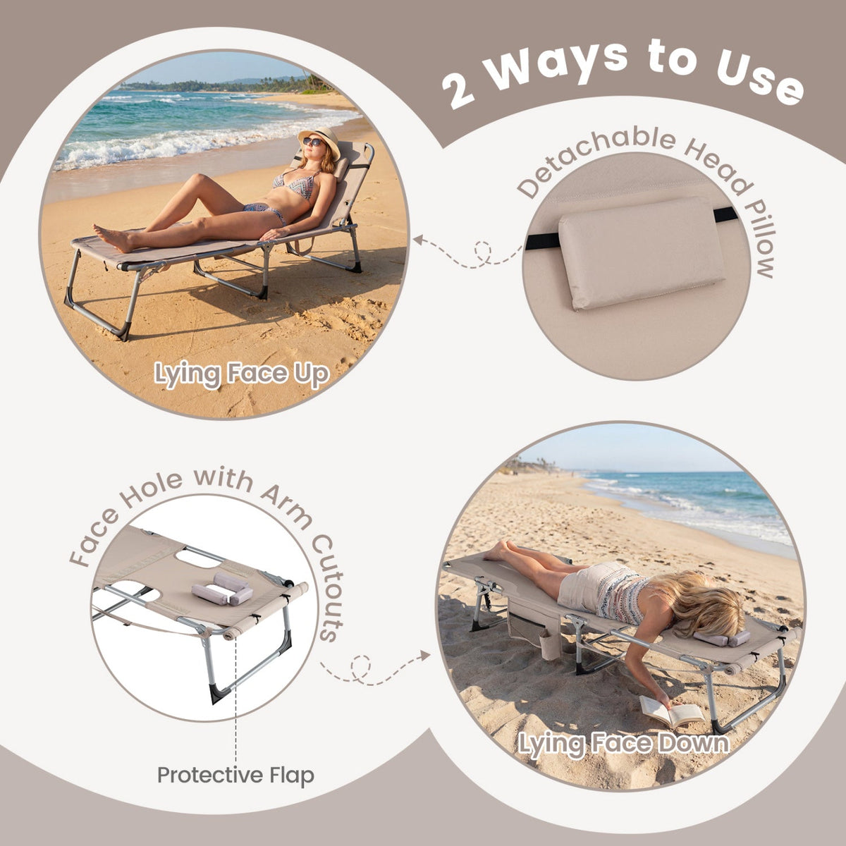 Set of 2 Tanning Chairs with Face Arm Holes Portable with 4-Level Backrest