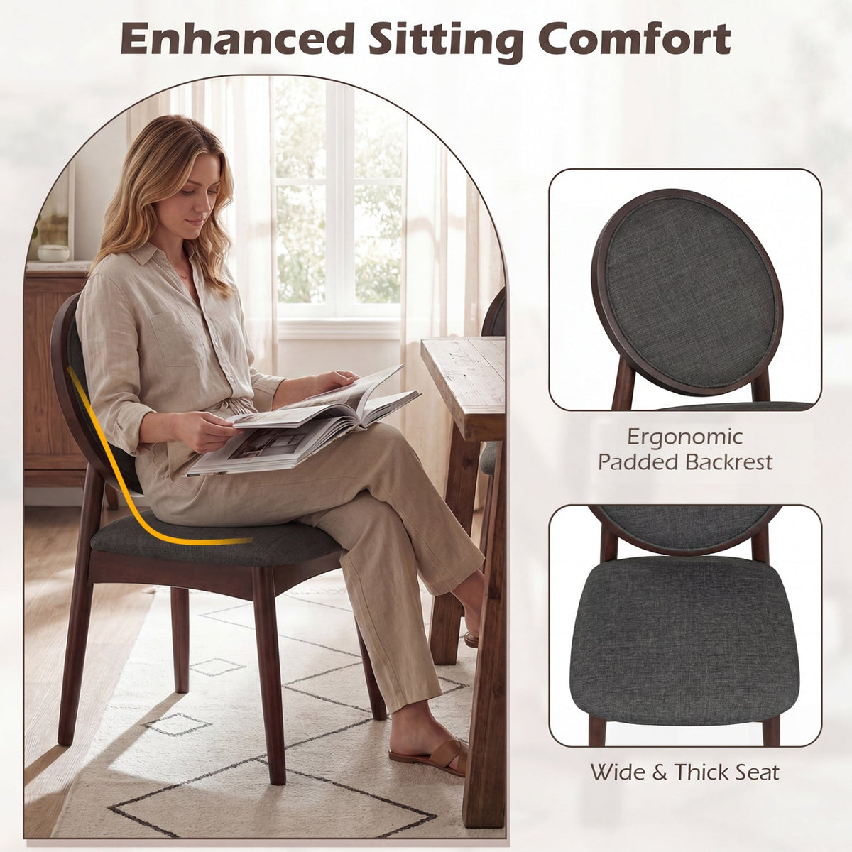 Set of 2 Upholstered Linen Fabric Kitchen Side Chairs with Padded Seat