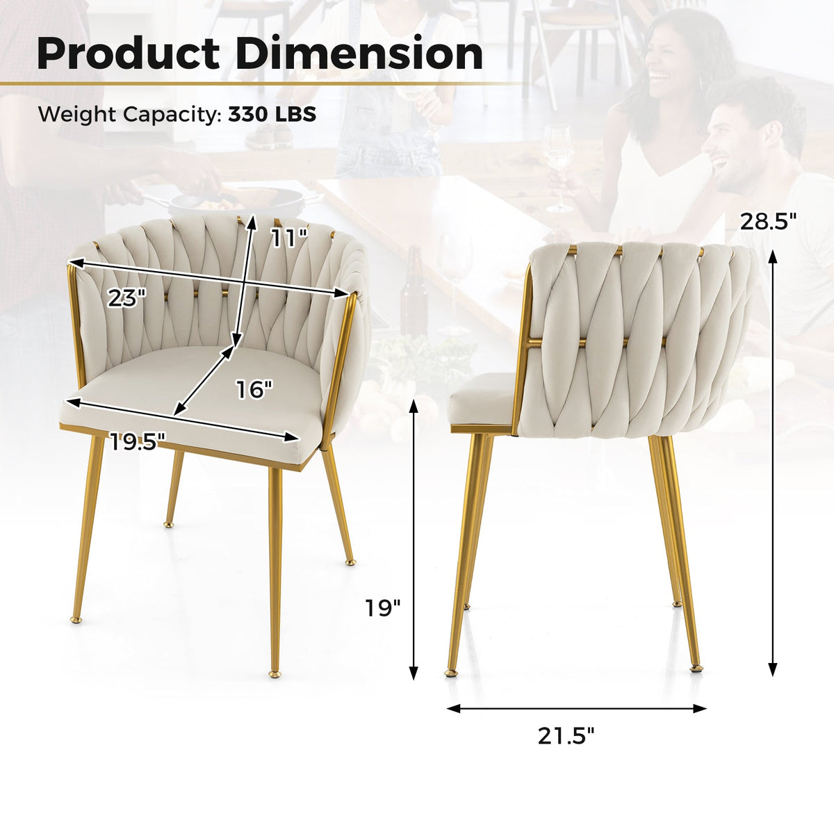 Set of 2 Upholstered Dining Chair w/ Curved Backrest and Metal Tubes