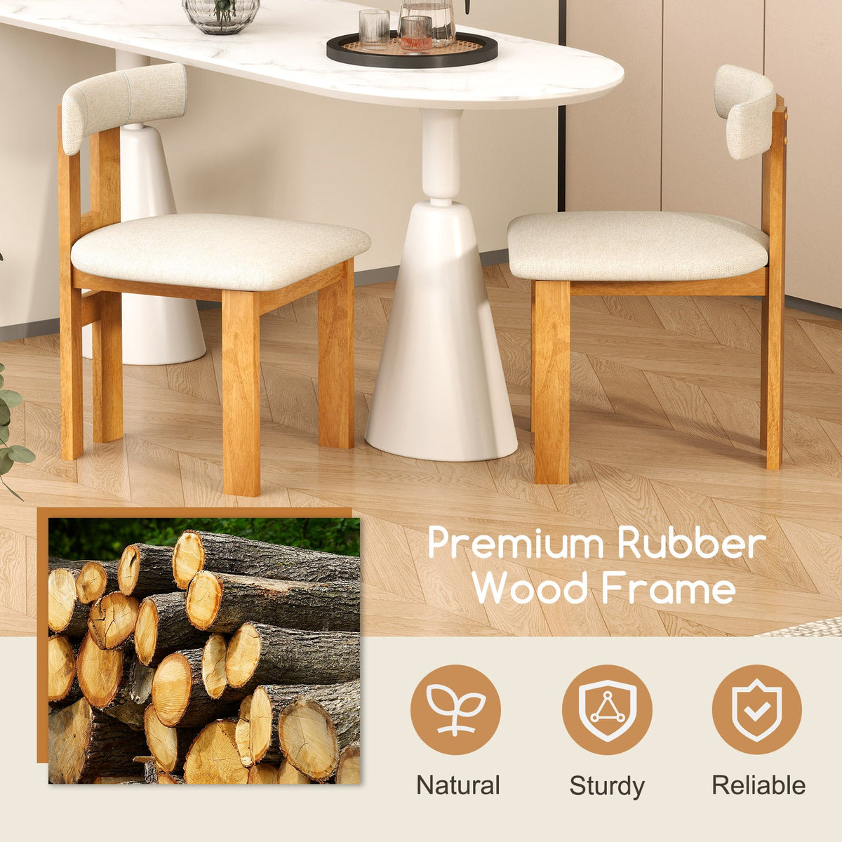 Dining Chair Set of 2 Upholstered Kitchen Chair with Padded Seat-Natural