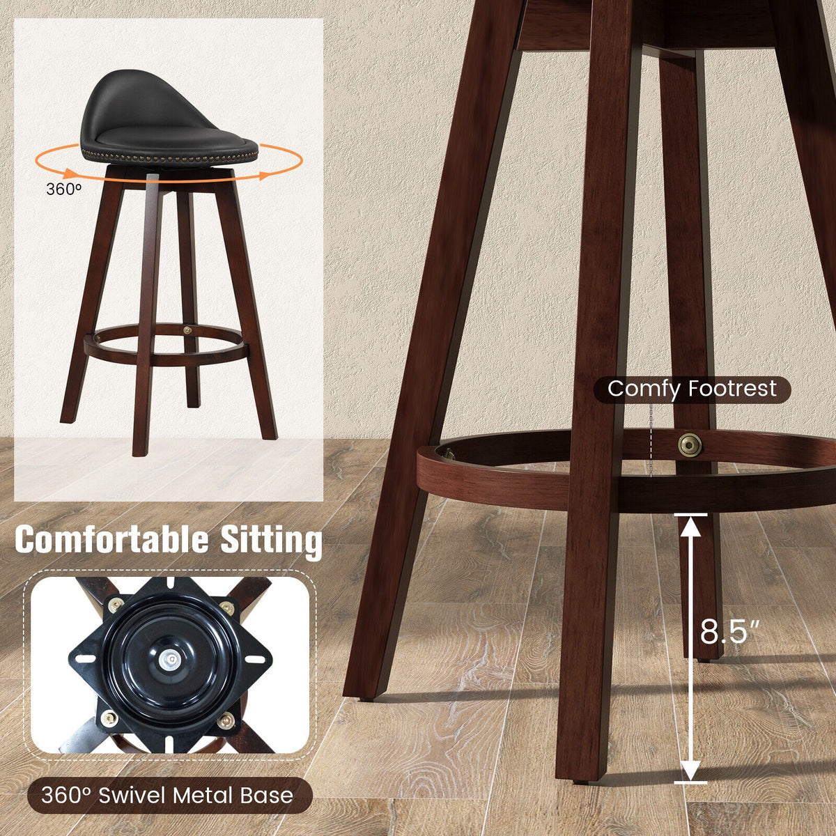 2 Pieces Cushioned Swivel Bar Stool Set with Low Back-Black