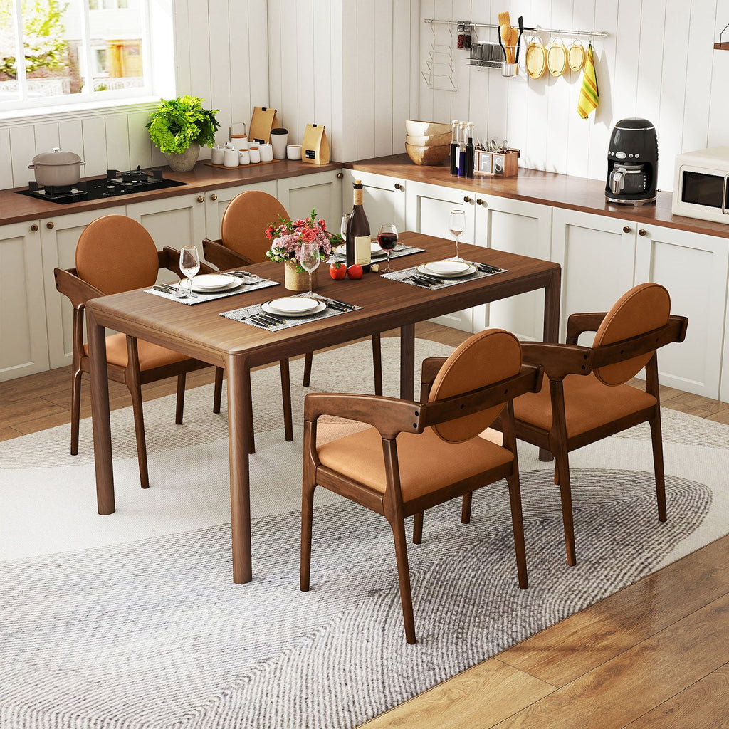 Set of 2 Wooden Dining Chair PU Leather Upholstered Armchairs-Brown
