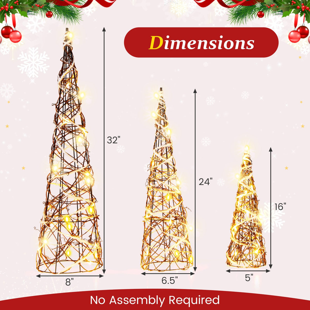 Set of 3 Lighted Rattan Cone Trees with LED Lights and Metal Frame