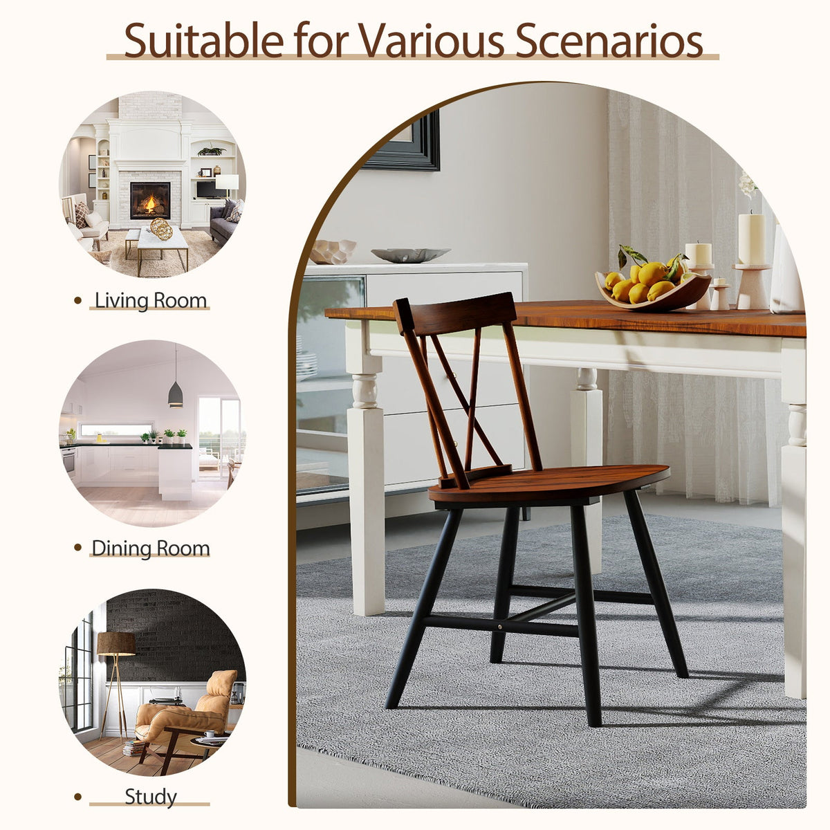 Set of 4 Dining Chairs with Rubber Wood Frame and Curved Cross Back-Dark Brown