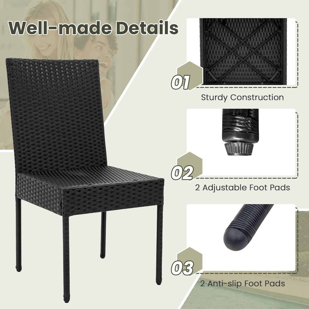 Set of 4 Patio Rattan Wicker Dining Chairs Set with Soft Cushions-Black