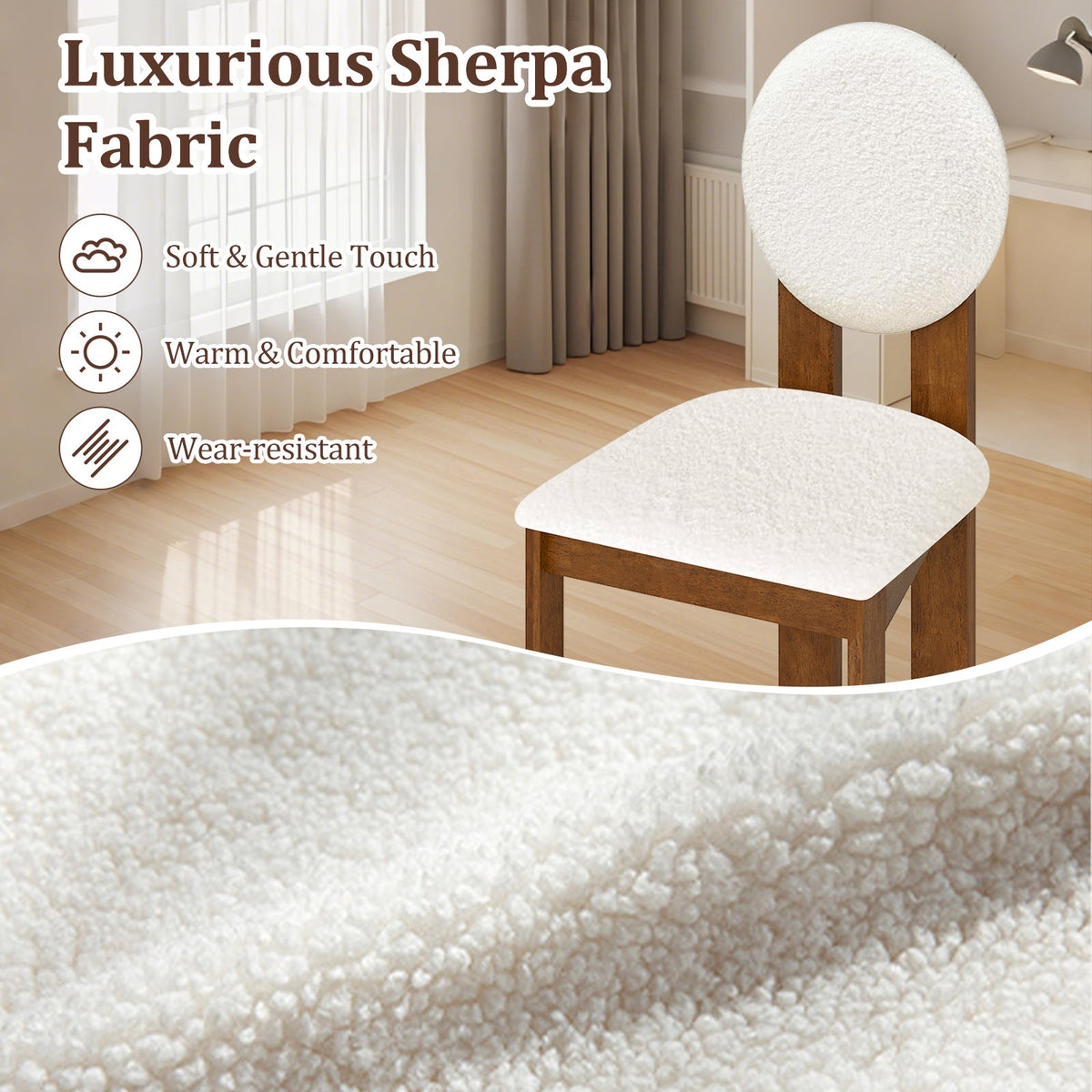 Sherpa Dining Chairs Set of 2 with Rubber Wood Legs for Living Room Restaurant-White