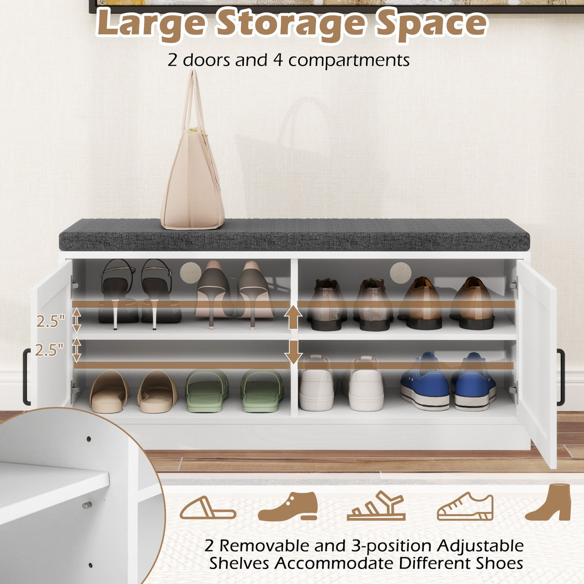 Shoe Bench with Cushion Farmhouse Shoe Rack Organizer with 2 Barn Doors-White