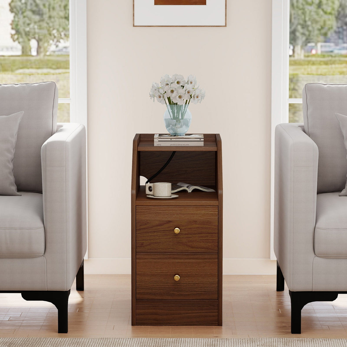 Side End Table with Charging Station Sofa Couch Table with Shelf Drawers