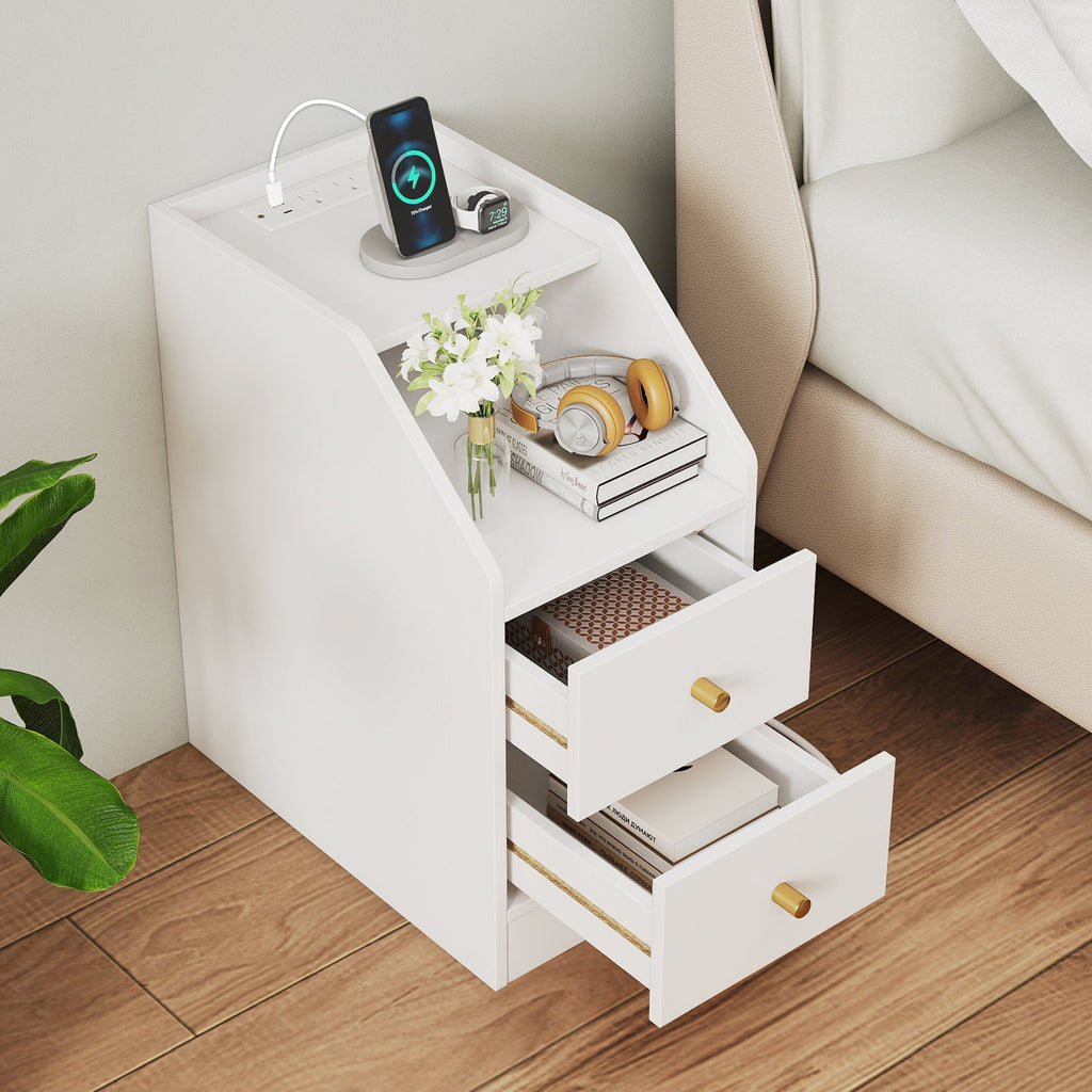 Side End Table with Charging Station Sofa Couch Table with Shelf Drawers