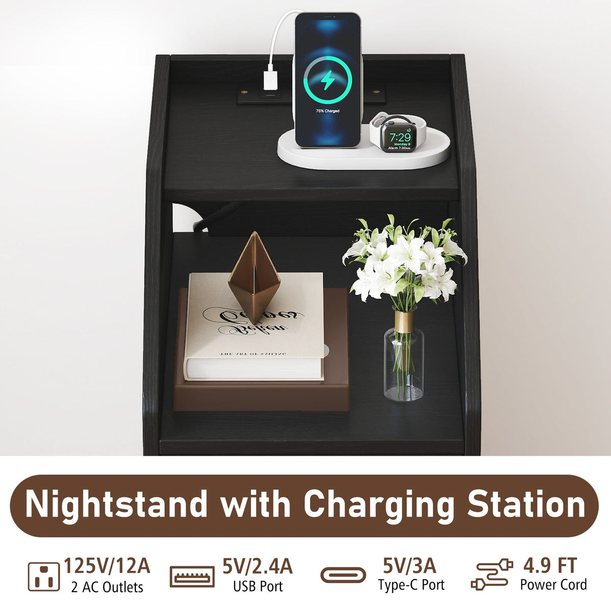 Side End Table with Charging Station Sofa Couch Table with Shelf Drawers