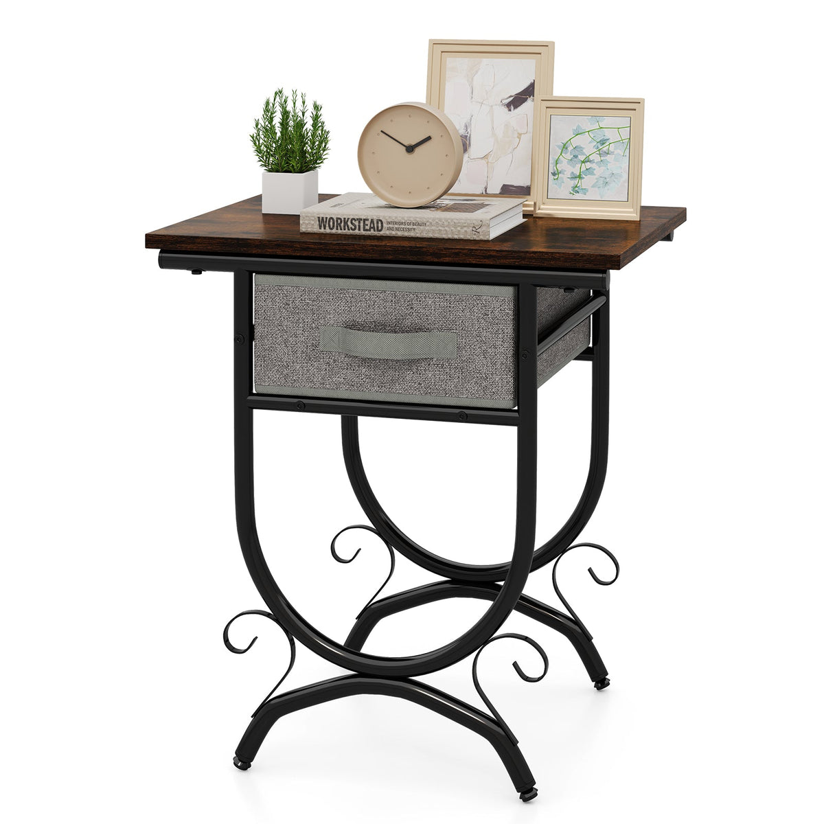 Side Table with Fabric Drawer and Carved Metal Frame for Living Room