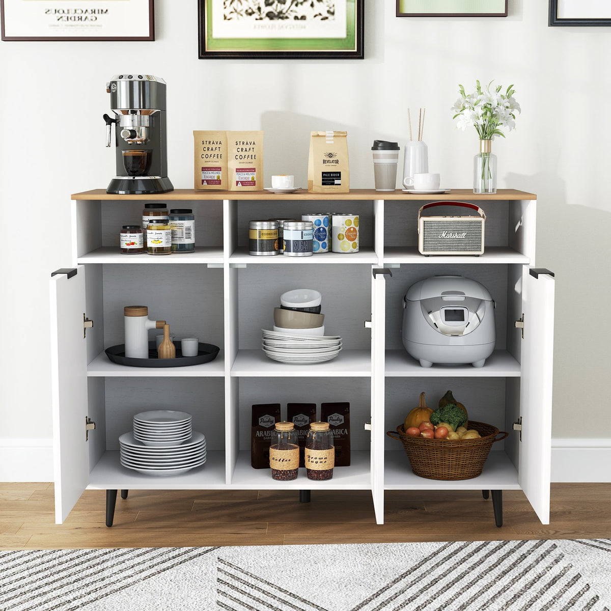 Sideboard Buffet Cabinet Kitchen Storage Cabinet with 5-Position Adjustable Shelves-White