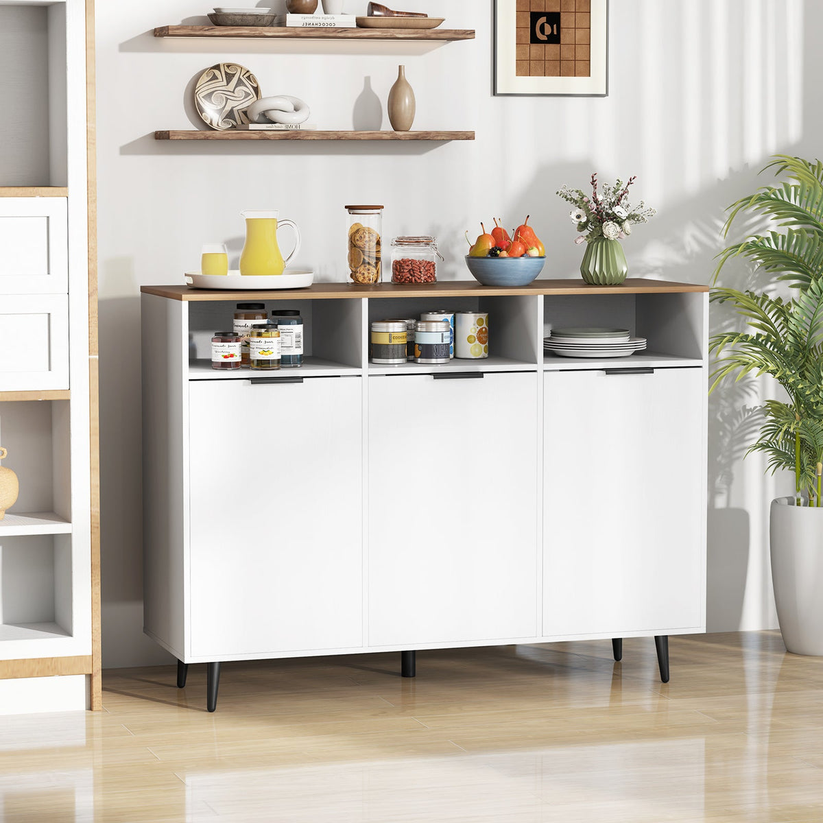 Sideboard Buffet Cabinet Kitchen Storage Cabinet with 5-Position Adjustable Shelves-White