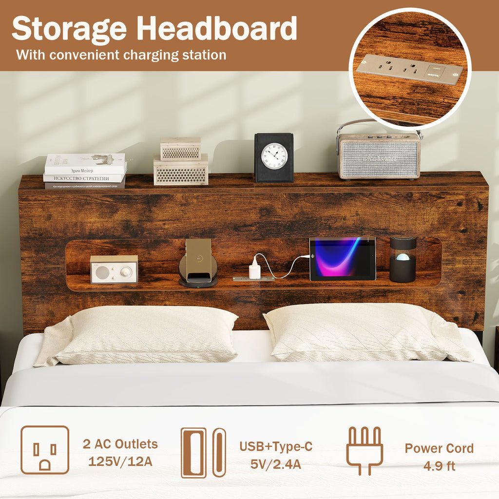 Slatted Full Bed Frame with LED Lights and Storage Headboard No Box Spring Needed-Full Size